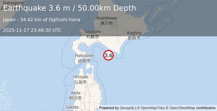 Earthquake HOKKAIDO, JAPAN REGION (3.6 m) (2025-11-17 23:46:30 UTC)