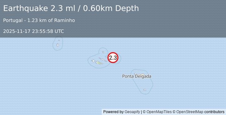 Earthquake AZORES ISLANDS, PORTUGAL (2.3 ml) (2025-11-17 23:55:58 UTC)