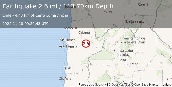 Earthquake ANTOFAGASTA, CHILE (2.6 ml) (2025-11-18 00:26:42 UTC)