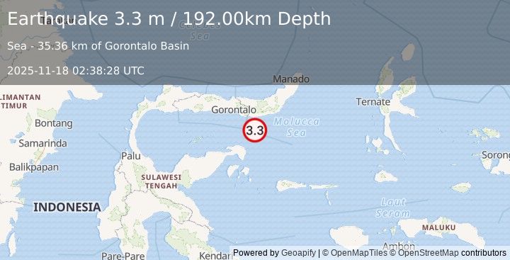 Earthquake SULAWESI, INDONESIA (3.3 m) (2025-11-18 02:38:28 UTC)