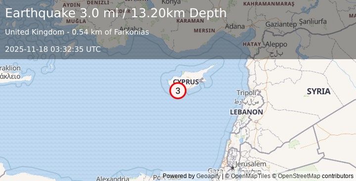 Earthquake CYPRUS REGION (3.0 ml) (2025-11-18 03:32:35 UTC)