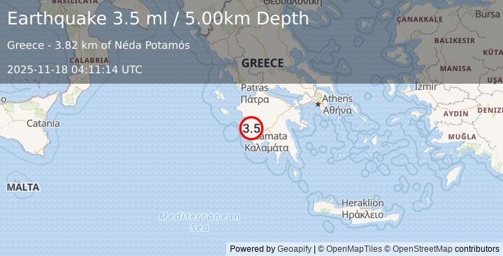 Earthquake SOUTHERN GREECE (3.5 ml) (2025-11-18 04:11:14 UTC)
