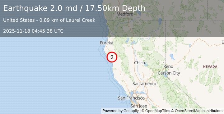 Earthquake NORTHERN CALIFORNIA (2.0 md) (2025-11-18 04:45:38 UTC)
