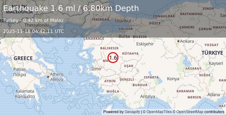 Earthquake WESTERN TURKEY (1.6 ml) (2025-11-18 04:42:10 UTC)