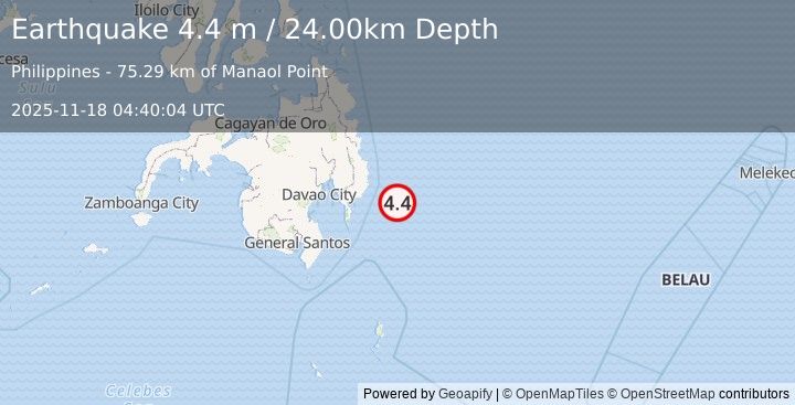 Earthquake PHILIPPINE ISLANDS REGION (4.4 m) (2025-11-18 04:40:04 UTC)