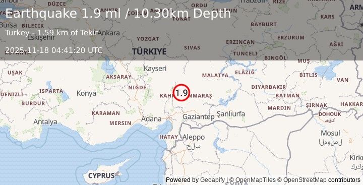 Earthquake CENTRAL TURKEY (1.9 ml) (2025-11-18 04:41:20 UTC)