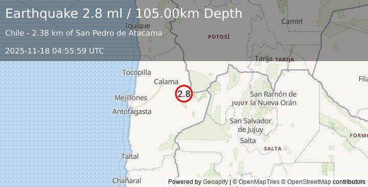 Earthquake ANTOFAGASTA, CHILE (2.8 ml) (2025-11-18 04:55:59 UTC)