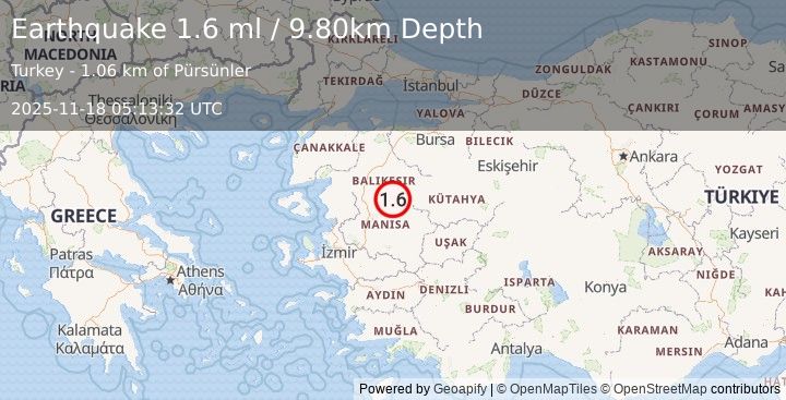 Earthquake WESTERN TURKEY (1.6 ml) (2025-11-18 05:13:33 UTC)
