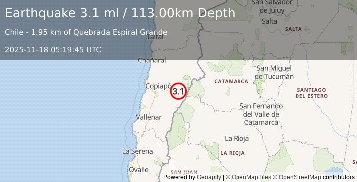 Earthquake ATACAMA, CHILE (3.1 ml) (2025-11-18 05:19:45 UTC)