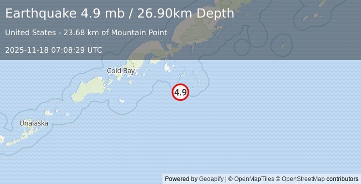 Earthquake ALASKA PENINSULA (4.9 mb) (2025-11-18 07:08:29 UTC)