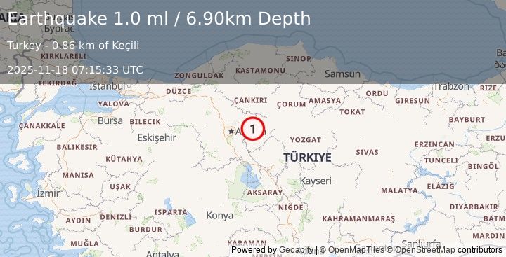Earthquake CENTRAL TURKEY (1.0 ml) (2025-11-18 07:15:33 UTC)