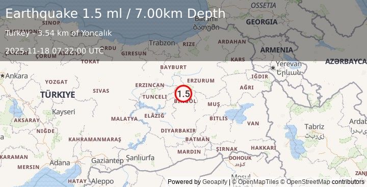 Earthquake EASTERN TURKEY (1.5 ml) (2025-11-18 07:22:00 UTC)