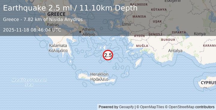 Earthquake DODECANESE ISLANDS, GREECE (2.5 ml) (2025-11-18 08:46:04 UTC)