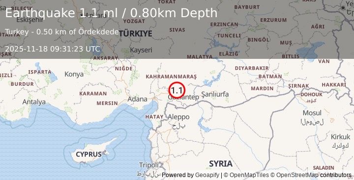 Earthquake CENTRAL TURKEY (1.0 ml) (2025-11-18 09:31:24 UTC)