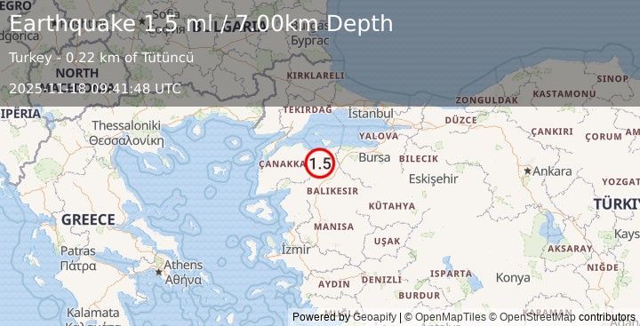 Earthquake WESTERN TURKEY (1.5 ml) (2025-11-18 09:41:48 UTC)