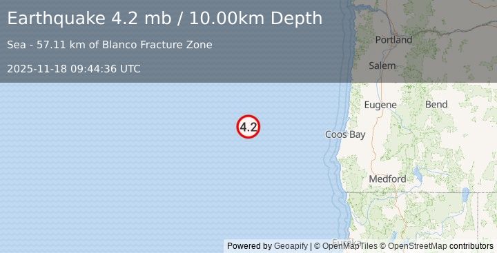 Earthquake OFF COAST OF OREGON (4.2 mb) (2025-11-18 09:44:36 UTC)