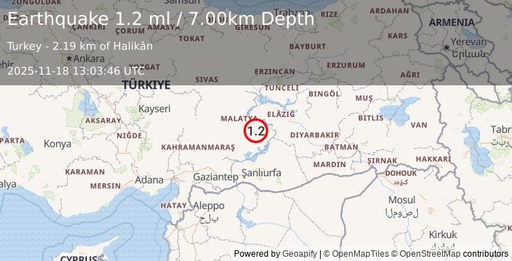 Earthquake EASTERN TURKEY (1.2 ml) (2025-11-18 13:03:46 UTC)
