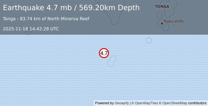 Earthquake SOUTH OF FIJI ISLANDS (4.7 mb) (2025-11-18 14:42:28 UTC)