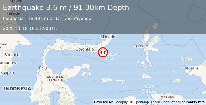 Earthquake MINAHASA, SULAWESI, INDONESIA (3.6 m) (2025-11-18 16:51:50 UTC)