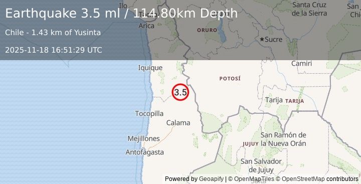Earthquake TARAPACA, CHILE (3.5 ml) (2025-11-18 16:51:29 UTC)