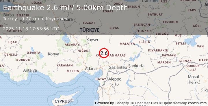 Earthquake CENTRAL TURKEY (2.7 ml) (2025-11-18 17:53:58 UTC)