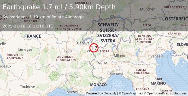 Earthquake NORTHERN ITALY (1.7 ml) (2025-11-18 18:11:16 UTC)