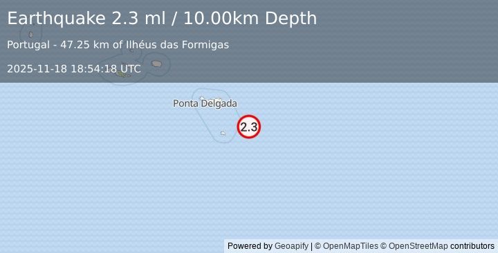 Earthquake AZORES ISLANDS REGION (2.3 ml) (2025-11-18 18:54:18 UTC)