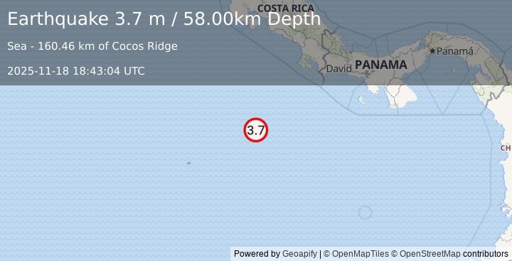 Earthquake OFF COAST OF CENTRAL AMERICA (3.7 m) (2025-11-18 18:43:04 UTC)