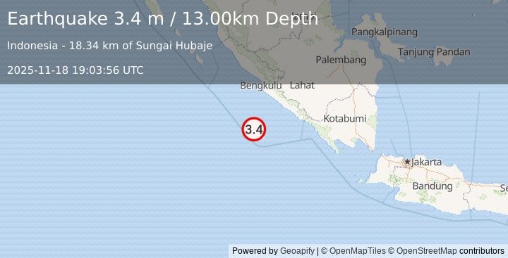 Earthquake SOUTHERN SUMATRA, INDONESIA (3.4 m) (2025-11-18 19:03:56 UTC)