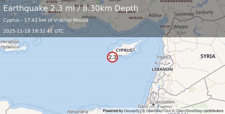Earthquake CYPRUS REGION (2.2 ml) (2025-11-18 19:32:45 UTC)