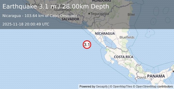 Earthquake NEAR COAST OF NICARAGUA (3.1 m) (2025-11-18 20:00:49 UTC)