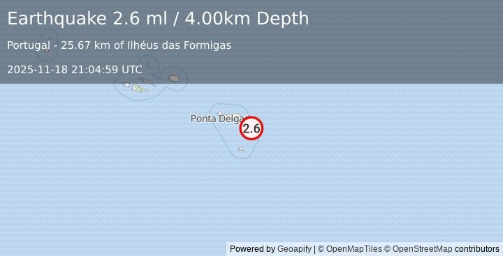 Earthquake AZORES ISLANDS REGION (2.6 ml) (2025-11-18 21:04:59 UTC)