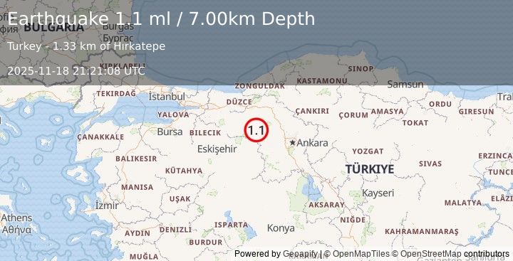 Earthquake WESTERN TURKEY (1.1 ml) (2025-11-18 21:21:08 UTC)
