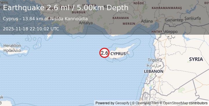Earthquake CYPRUS REGION (2.5 ml) (2025-11-18 22:10:05 UTC)