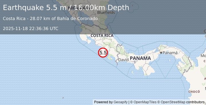 Earthquake OFF COAST OF COSTA RICA (5.4 mw) (2025-11-18 22:36:33 UTC)