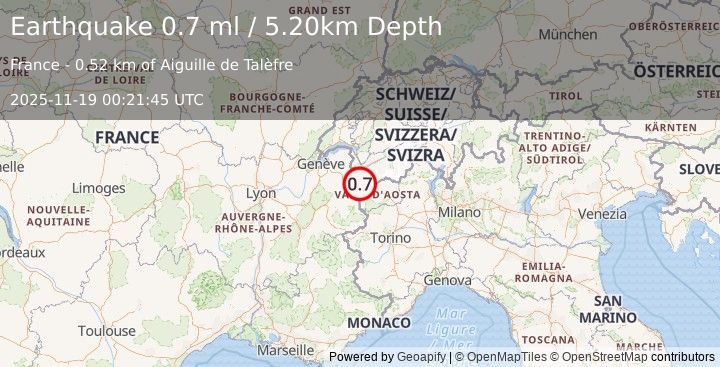 Earthquake NORTHERN ITALY (0.7 ml) (2025-11-19 00:21:45 UTC)