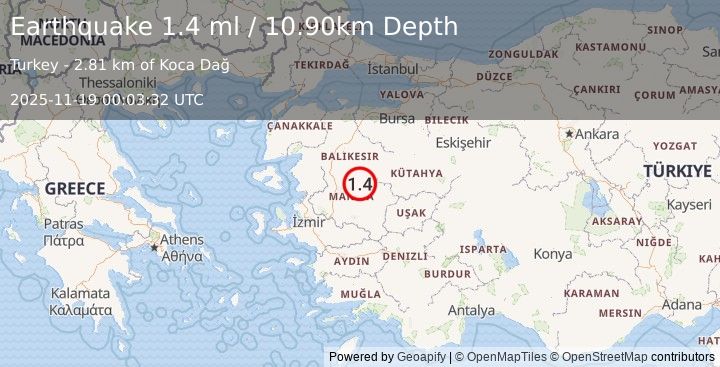 Earthquake WESTERN TURKEY (1.4 ml) (2025-11-19 00:03:32 UTC)