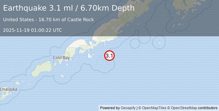 Earthquake ALASKA PENINSULA (3.1 ml) (2025-11-19 01:00:22 UTC)
