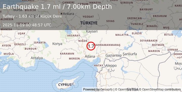 Earthquake CENTRAL TURKEY (1.7 ml) (2025-11-19 00:48:58 UTC)