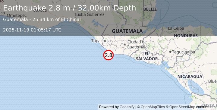 Earthquake OFFSHORE GUATEMALA (2.8 m) (2025-11-19 01:05:17 UTC)