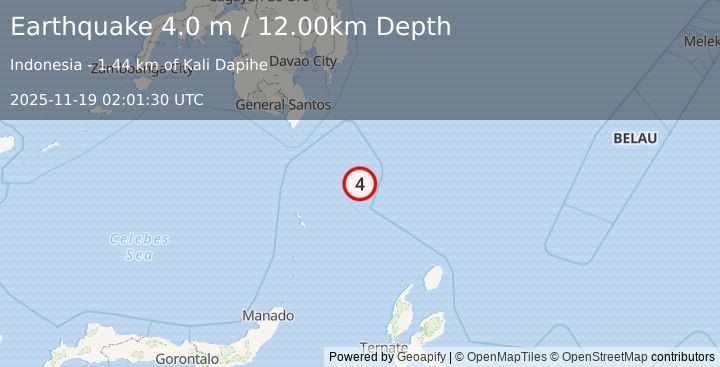 Earthquake KEPULAUAN TALAUD, INDONESIA (4.0 m) (2025-11-19 02:01:30 UTC)