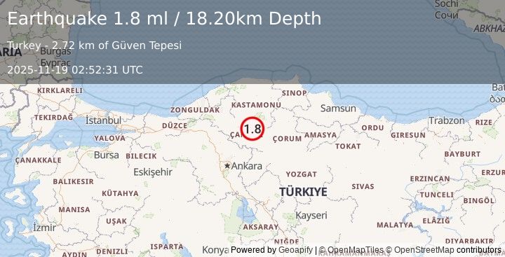 Earthquake CENTRAL TURKEY (1.9 ml) (2025-11-19 02:52:32 UTC)