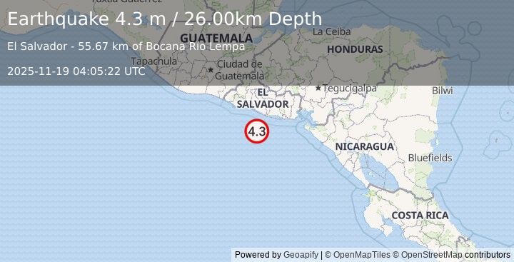 Earthquake OFFSHORE EL SALVADOR (4.2 m) (2025-11-19 04:05:23 UTC)