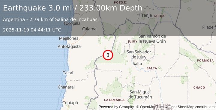 Earthquake SALTA, ARGENTINA (3.0 ml) (2025-11-19 04:44:11 UTC)