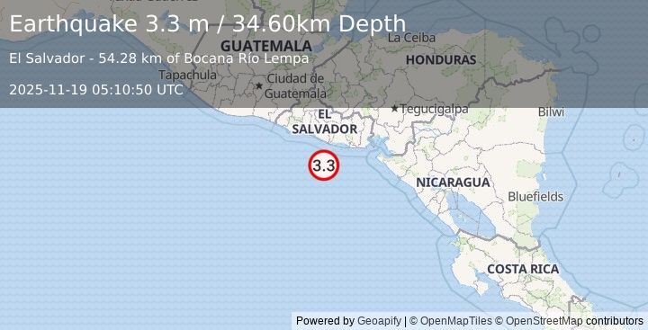 Earthquake OFFSHORE EL SALVADOR (3.3 m) (2025-11-19 05:10:50 UTC)
