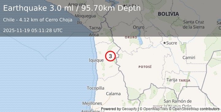Earthquake TARAPACA, CHILE (3.0 ml) (2025-11-19 05:11:28 UTC)