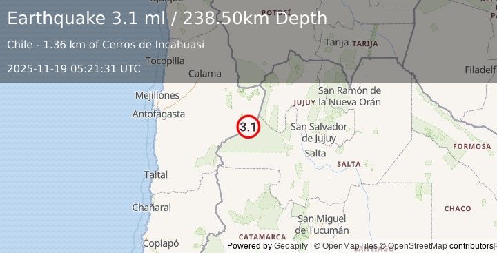 Earthquake ANTOFAGASTA, CHILE (3.1 ml) (2025-11-19 05:21:31 UTC)