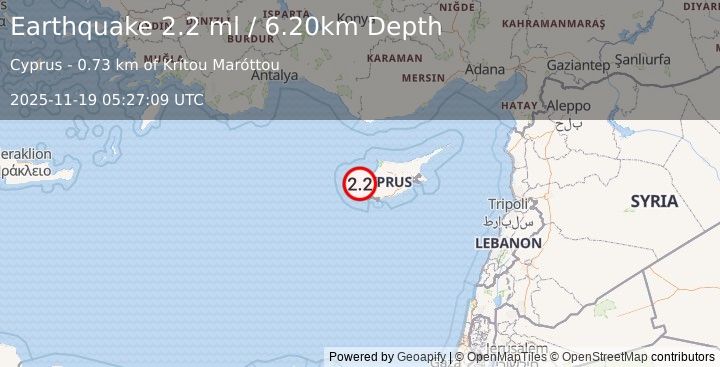 Earthquake CYPRUS REGION (2.2 ml) (2025-11-19 05:27:07 UTC)