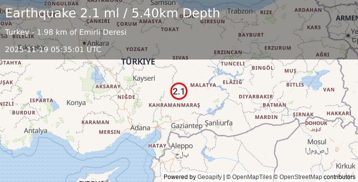 Earthquake CENTRAL TURKEY (2.1 ml) (2025-11-19 05:35:01 UTC)