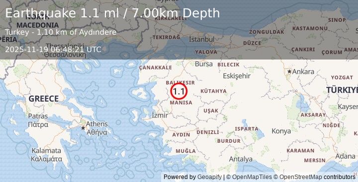 Earthquake WESTERN TURKEY (1.1 ml) (2025-11-19 06:48:21 UTC)
